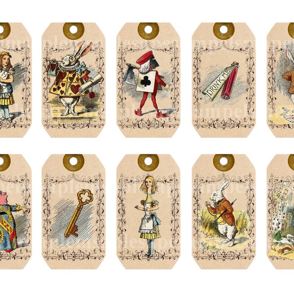 Alice in Wonderland Tags printable gift tags hang tags journaling journal craft hobby crafting scrapbooking digital collage sheet