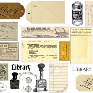 Digital Collage Sheets Library journal, books journal clip art, Library ephemera library cards jpeg and Png files, INSTANT Download