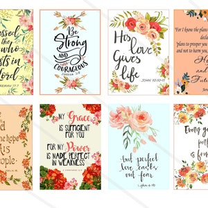 May include: A set of eight printable cards with floral designs and inspirational quotes. Each card features a different quote from the Bible, such as "Blessed is the one who trusts in the Lord" and "His love gives life".
