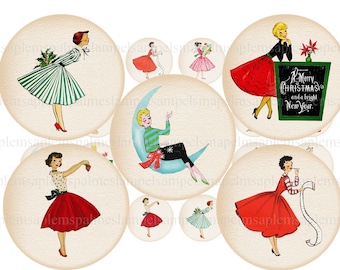 Digital collage sheet Circles Christmas retro vintage 50's ladies Images for pendants, Digital Tags, Digital Circles, Holiday circles Images