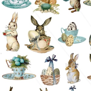 Clip art vintage lapins Tasse de thé Pâques, Oeufs de Pâques pour création de carte, scrapbooking, images digitales, collage digital Allegra