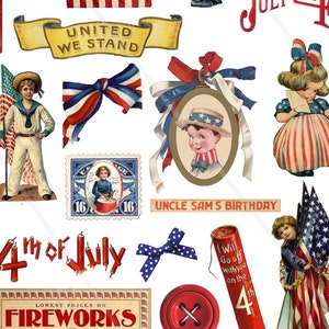 Könnte beinhalten: Eine Sammlung von Vintage-Illustrationen zur Feier des 4. Juli. Die Illustrationen zeigen die Farben Rot, Weiß und Blau und beinhalten Bilder von Feuerwerk, Flaggen, Kindern und einer Trommel. Der Text "UNITED WE STAND" und "UNCLE SAM'S BIRTHDAY" ist ebenfalls enthalten.
