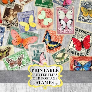 Sellos postales vintage Mariposas, Sellos postales antiguos imprimibles Embellecimiento efímero, Diario basura, papel de álbum de recortes de hoja de collage digital