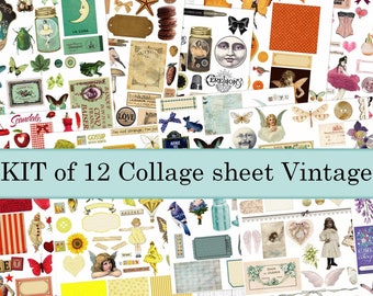 Kit of 12 Digital Collage Sheets vintage clipart ephemera, PNG Included Vintage images Ephemera junk journal scrapbook papers