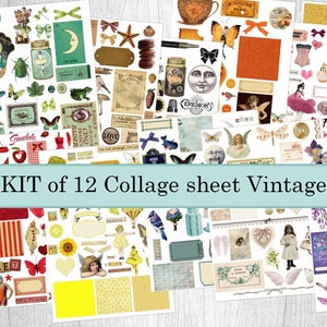 Kit of 12 Digital Collage Sheets vintage clipart ephemera, PNG Included Vintage images Ephemera junk journal scrapbook papers