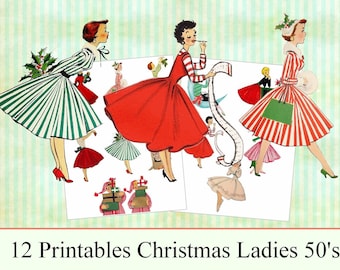 Vintage Christmas Ladies 50's Fifties Clipart Clip Art Digital Collage Sheet Christmas Scrapbooking for Card Making Decoupage Paper PNG