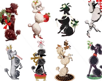 Könnte beinhalten: Eine Sammlung von 12 Vintage-Weihnachtsillustrationen mit Pudeln, die in festlicher Kleidung dargestellt sind. Die Pudel tragen Kränze, Schleifen und andere Weihnachtsdekorationen. Einige Pudel halten Geschenke, während andere auf Geschenken sitzen oder stehen. Die Illustrationen sind im Cartoon-Stil gehalten und eignen sich perfekt, um Ihrer Weihnachtsdekoration einen Hauch von Verspieltheit zu verleihen.