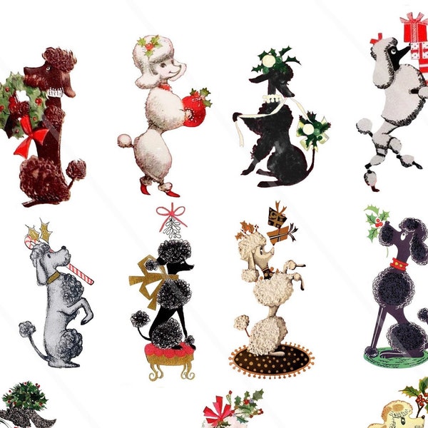 Christmas poodles clip art Digital Collage Sheet retro christmas poodles dogs Clip art for Card Making Decoupage christmas journal