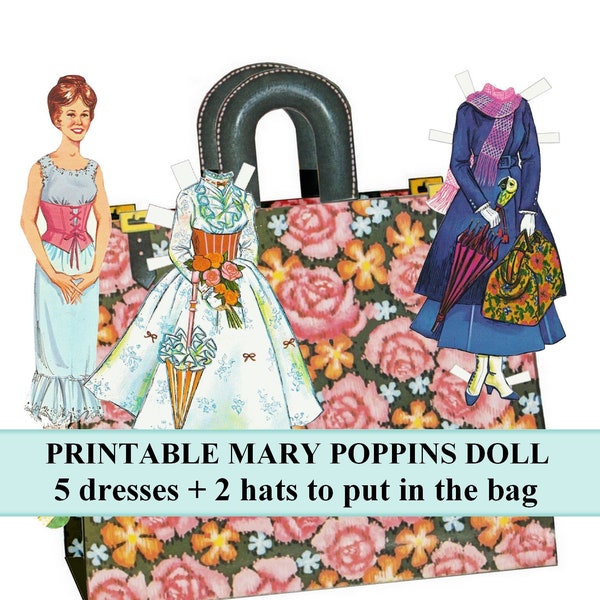 Digital collage sheet Mary Poppins paper doll, printable paper dolls Mary poppins 5 printable dresses + carpet bag Mary poppins