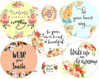 Inspirational quotes digital collage sheet bottlecap image Motivational sayings 1 inch round 30mm 25mm 1.25" circle printable download