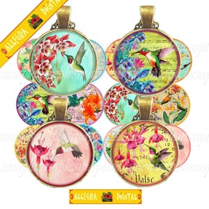 Printable 1 inch (25 mm) Circle Images HUMMINGBIRDS Digital Collage Sheet for pendants cabochons bottle caps bezels trays, digital rounds