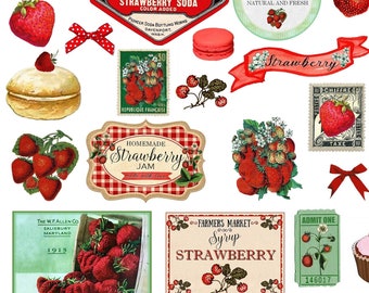 Vintage strawberry ephemera strawberry cliparts, PNG, junk journal strawberry Decor Clipart Farmhouse, Rustic Kitchen Decor instant download