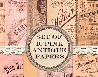 May include: A set of 10 pink antique papers with various text and designs. The papers feature vintage typography, including the words "Blue Bird", "St. Louis Mercantile Library", "Head Studio", "Portraits Photography", and "Catalog 1872".