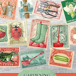 Sellos imprimibles Jardinería Jardín Ephemera, Suministros de diario basura, Ephemera vintage, Pequeña hoja de collage de Ephemera digital Allegradigital