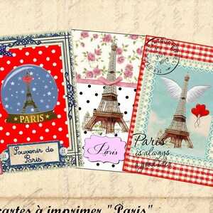 4 cartes à imprimer Paris Tour Eiffel, rétro, carte postale vintage, vichy pois