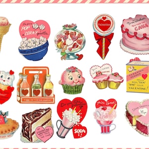Doces Vintage Clip Art Dia dos Namorados Colagem Digital Folha Doces Retro Clip Art para Fazer Cartões Decoupage Diário de Lixo PNG Dia dos Namorados