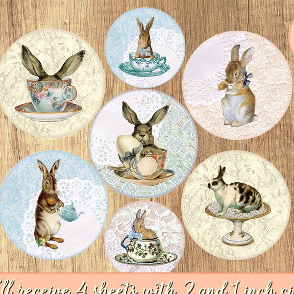 Easter bottlecaps bunny Digital collage sheet Easter rabbit circles, one inch circles, pendant images, 1 inch rounds, Allegradigital