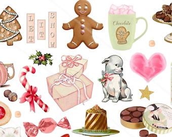 Sugar Cookie Christmas clip art Pink Coquette Christmas Collage Sheet for greetings cards gift tags Decoupage, embellishments, Christmas PNG