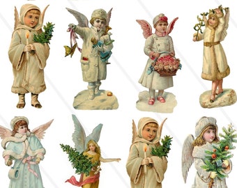 May include: Twelve vintage illustrations of angels with wings, holding various items like candles, flowers, and greenery. The angels are dressed in white, blue, and yellow clothing with white fur trim. The illustrations are on a white background.