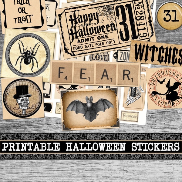 Halloween Digital collage sheet Words Clip art , Words collage sheet, vintage labels Junk Journal supplies