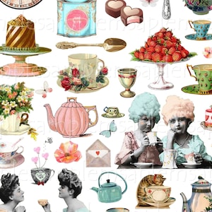 Tea Party clipart Teatime clipart Printable Tea party, vintage tea images,Tea Soiree clipart, Ephemera Victorian Tea Party High tea PNG JPEG