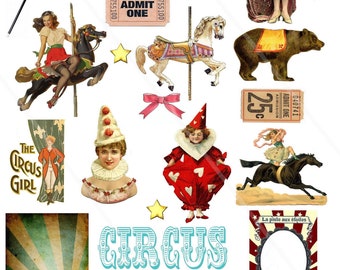 Vintage Circus Party Clipart Clip Art Digital Collage Sheet Circus Carnival Scrapbooking Images for Card Making Decoupage Pap Ephemera PNG