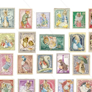 Druckbare Stempel Peter Rabbit und Freunde Ephemera, Junk Journal Zubehör, Vintage, Scrapbooking Papier, kleine digitale Ephemera Seite
