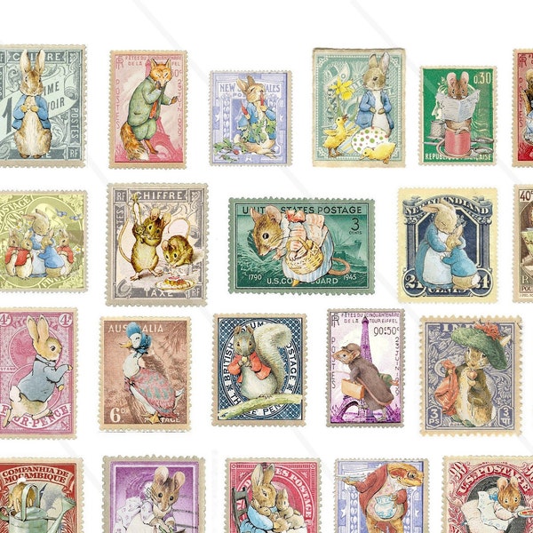 Printable Stamps Peter Rabbit and Friends Ephemera, Junk journal Supplies, Vintage , Scrapbooking Paper, Small Digital Ephemera Page