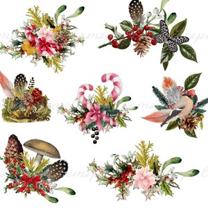 Images digitales Noël Fleurs ornemants courronne de Noêl boho images Noël à imprimer scrapbooking carte postale carte invitation