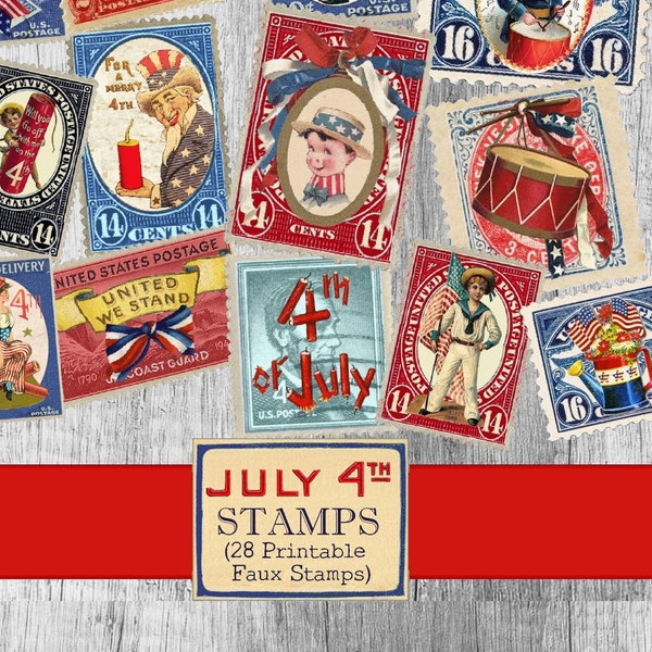 Printable Stamps July 4th Ephemera, Junk journal Supplies, Vintage , Patriotic stamp Independance Day Ephemera Page faux stamps