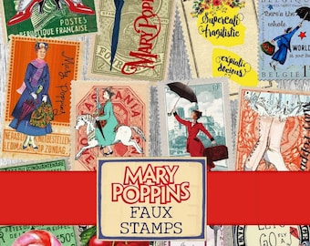 Sellos imprimibles de Mary Poppins, artículos para diarios creativos, estilo vintage, papel para scrapbooking, pequeños sellos digitales falsos para páginas.