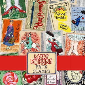Printable Stamps Mary Poppins Ephemera, Junk journal Supplies, Vintage , Scrapbooking Paper, Small Digital Ephemera Page faux stamps