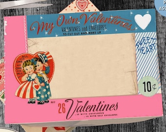 Retro Valentines Day Printable Box Template, DIY vintage box template, digital box for gifts candy,box  treats, diorama, shadowbox, crafts