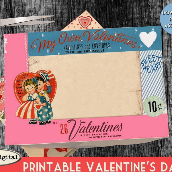 Retro Valentines Day Printable Box Template, DIY vintage box template, digital box for gifts candy,box  treats, diorama, shadowbox, crafts