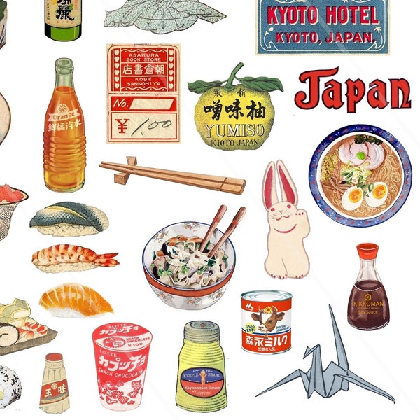 Digitale afbeeldingen vintage retro Japan Sushi clipart Afbeeldingen scrapbooking kaart journaling junk journal PNG Japanse Aise Tokyo