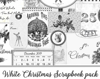 Woodland White, Christmas, Scrap Pack, Scrapbook Kit, junk journal kit, black, white, December daily, tag, paper, printable, animal, vintage