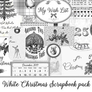 Woodland White, Christmas, Scrap Pack, Scrapbook Kit, junk journal kit, black, white, December daily, tag, paper, printable, animal, vintage