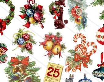 May include: A collection of vintage Christmas clip art images, including a wreath, ornaments, candy canes, bells, a poodle, and a calendar with the date December 25th.