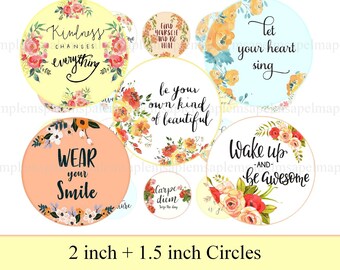 Inspirational quotes digital collage sheet bottlecap image Motivational sayings 2 inch round and 1.5 inch circles printable download