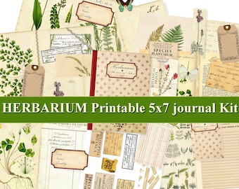 May include: A printable journal kit with a botanical theme. The kit includes various images of plants, flowers, and leaves, as well as labels, tags, and other decorative elements. The kit is designed for use in a 5x7 inch journal.