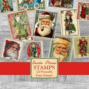 Afdrukbare postzegels Kerst Ephemera, Junk Journal Supplies, Vintage Kerstman, Scrapbooking Papier, Kleine Digitale Ephemera Pagina