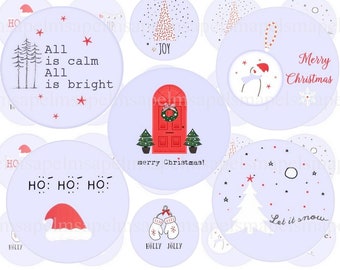 Könnte beinhalten: Satz mit 10 druckbaren Weihnachts-Kreis-Geschenk-Etiketten in verschiedenen Designs. Die Etiketten zeigen festliche Illustrationen und Texte wie "All is calm, All is bright", "Ho Ho Ho", "Frohe Weihnachten" und "Let it snow". Die Etiketten sind in drei Größen erhältlich: 38 mm, 30 mm und 25 mm.