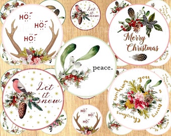 Könnte beinhalten: Druckbare Weihnachtsgeschenkanhänger im Boho-Stil. Die Anhänger zeigen verschiedene Designs, darunter einen roten Vogel, Mistelzweig, Geweih und Blumenarrangements. Der Text auf den Anhängern lautet "Ho Ho Ho", "Let it snow", "Frohe Weihnachten", "Frieden" und "Wir wünschen Ihnen ein frohes Weihnachtsfest".