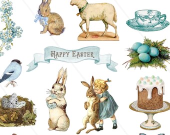 Blue Easter Clipart – Vintage Bunny & Pastel Ephemera for Easter Journals and Scrapbooking