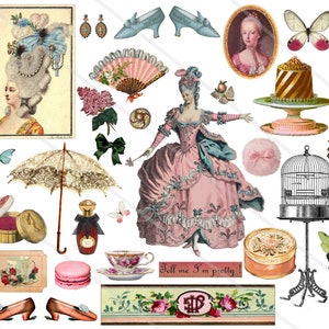 Clipart vintage Marie-Antoinette Versailles, images digitales pour la création de carte, scrapbooking, junk journal journaling spot