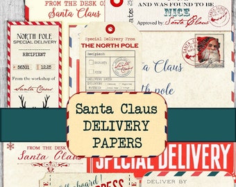 Santa Claus Delivery papers, envelope, tags, cards, labels, Santa letters, christmas wish list printable