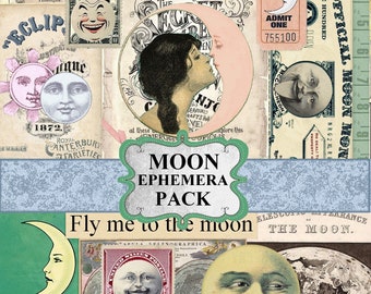 Vintage Moon Ephemera Pack - Afdrukbare kaarten, labels en versieringen met maanthema voor Junk Journals en scrapbooks, Allegradigital