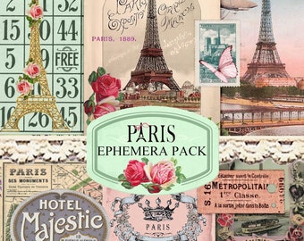 May include: A vintage-style ephemera pack with a Paris theme. The pack includes images of the Eiffel Tower, roses, and various Parisian landmarks. The text "Paris Ephemera Pack" is printed on a green label with pink roses.