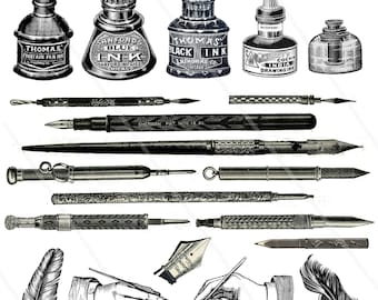 Vintage Pens Clip Art Digital Collage Sheet - Fountain Pen, Quill, Inkwell, Pencil for Junk Journal, Scrapbooking, Cricut, Scan N Cut