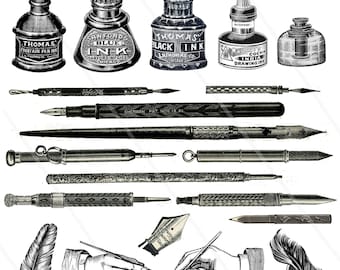 Vintage pens clip art digital collage sheet fountain pen feather quill inkwell vintage pencil junk journal journaling Cricut Scan N Cut